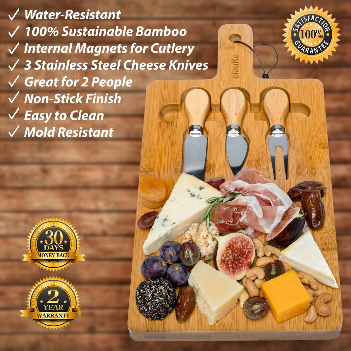 Bamboo Cheese Board Set with 3 Tools – For Two
