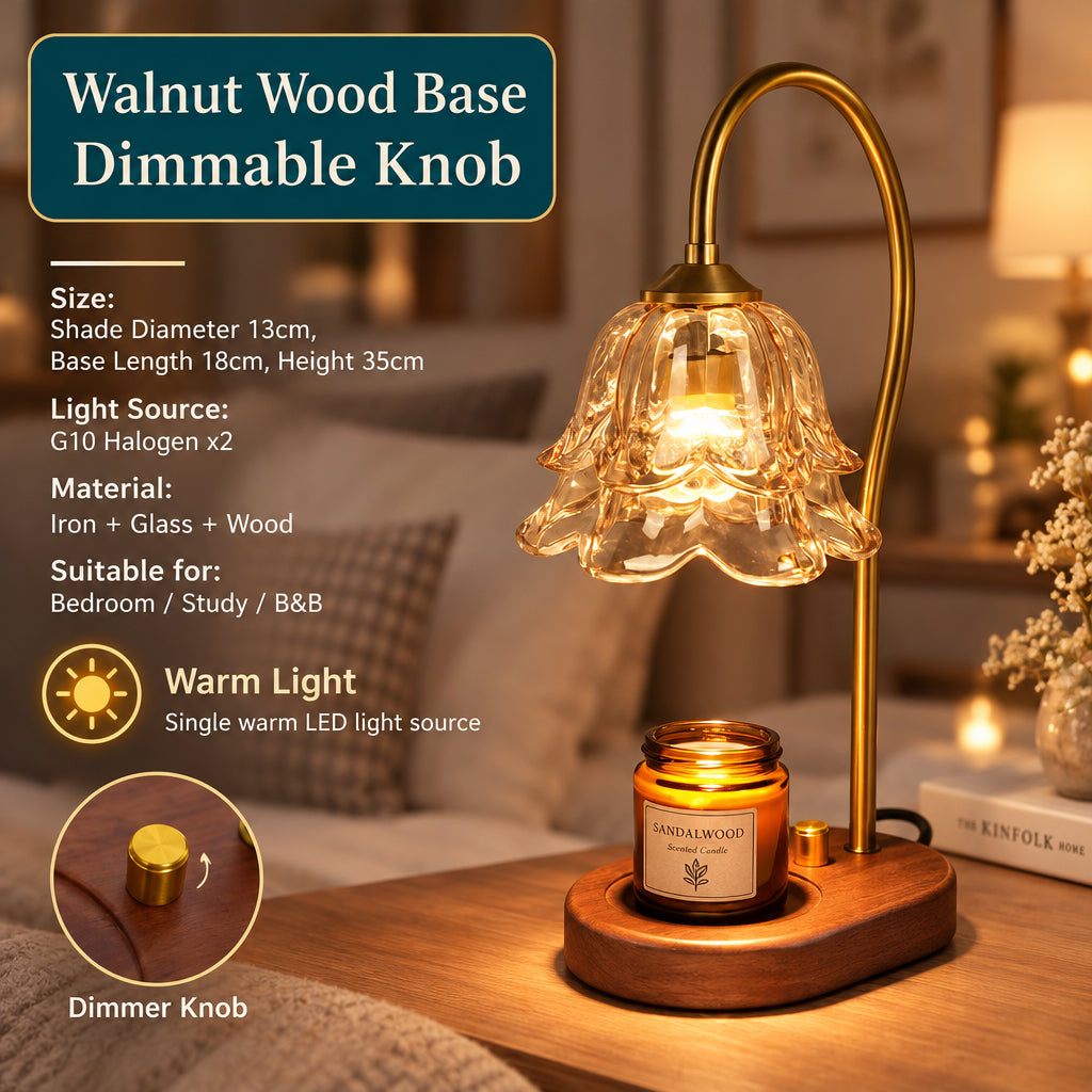Walnut-Finish Glass Candle Warmer Lamp