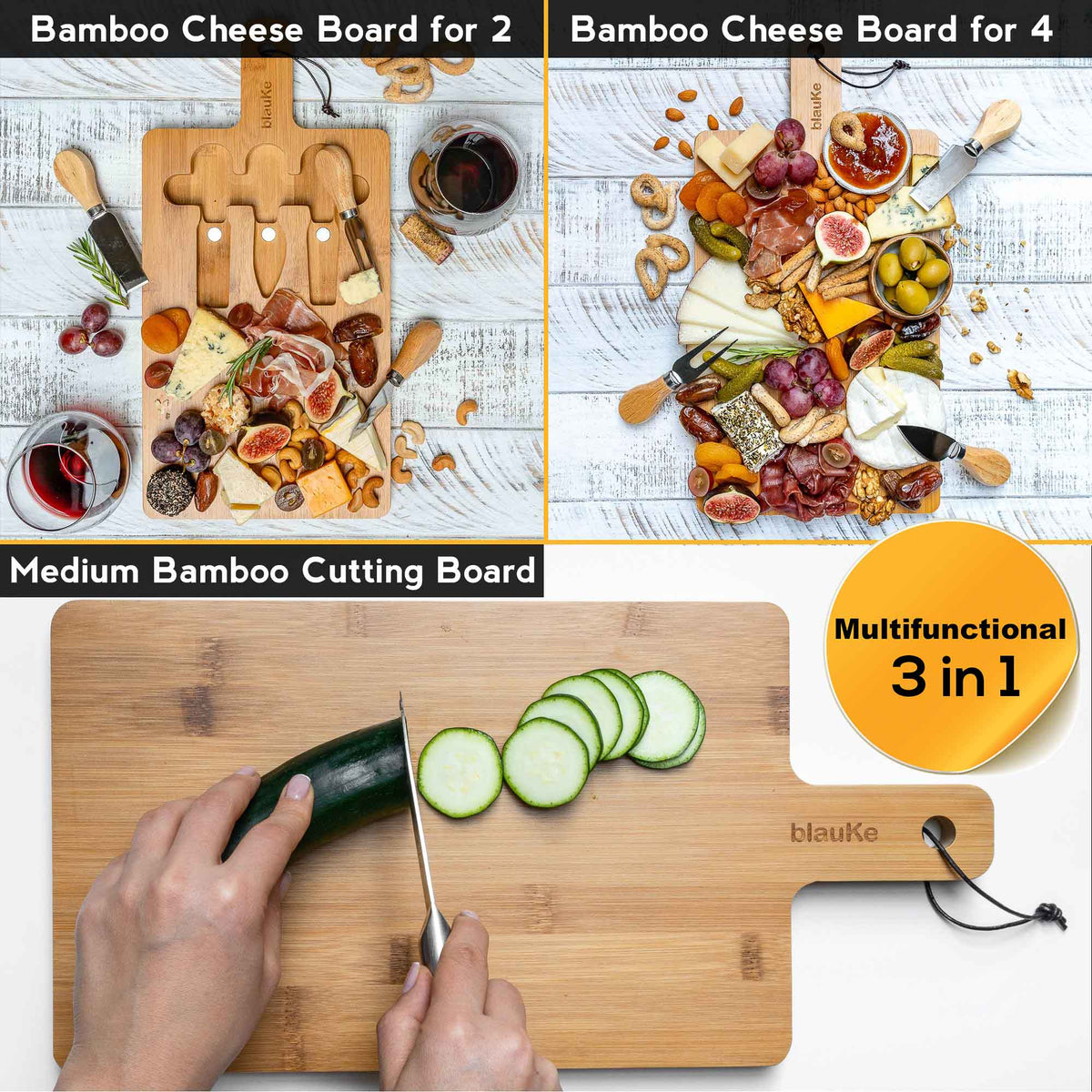 Bamboo Cheese Board Set with 3 Tools – For Two