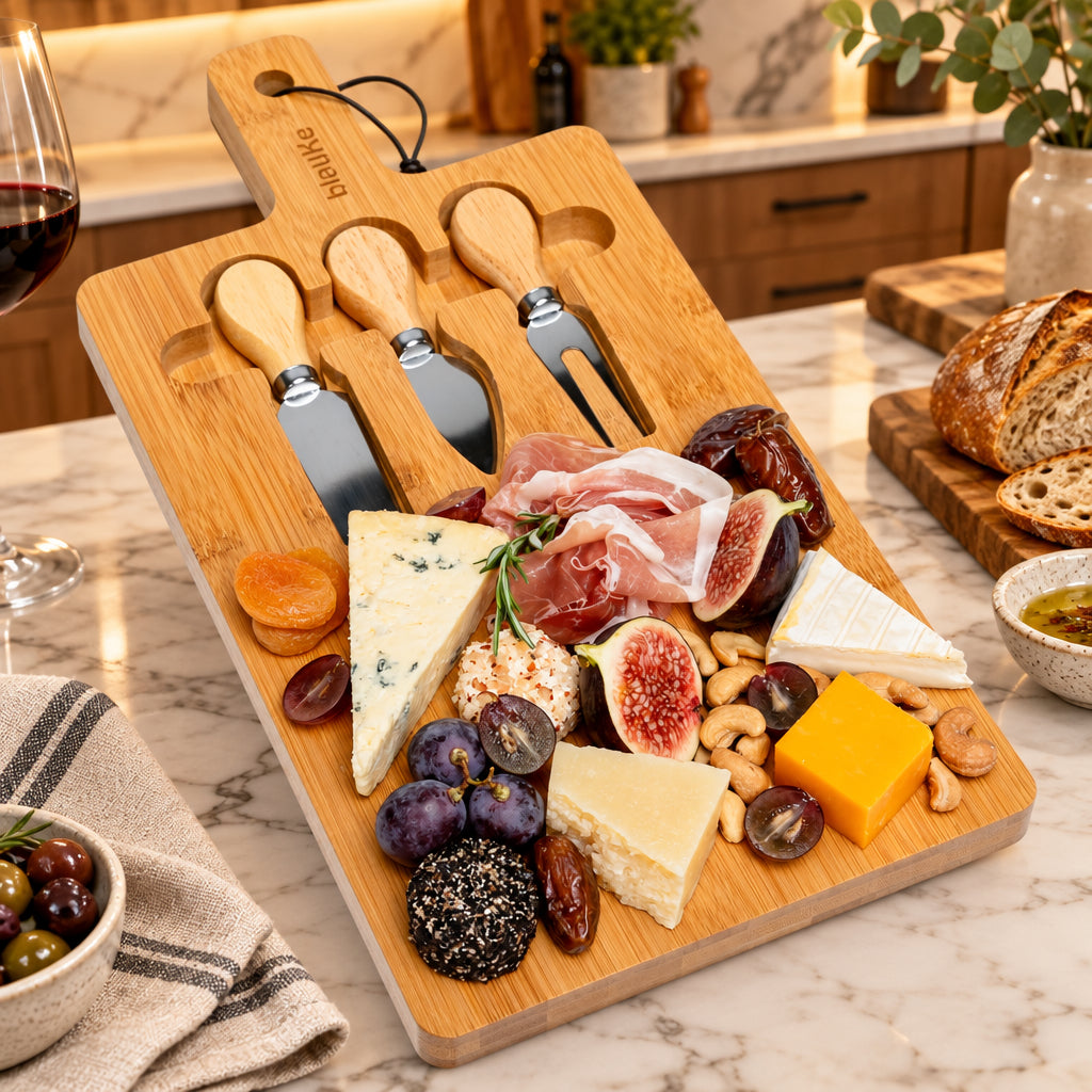 Bamboo Cheese Board Set with 3 Tools – For Two