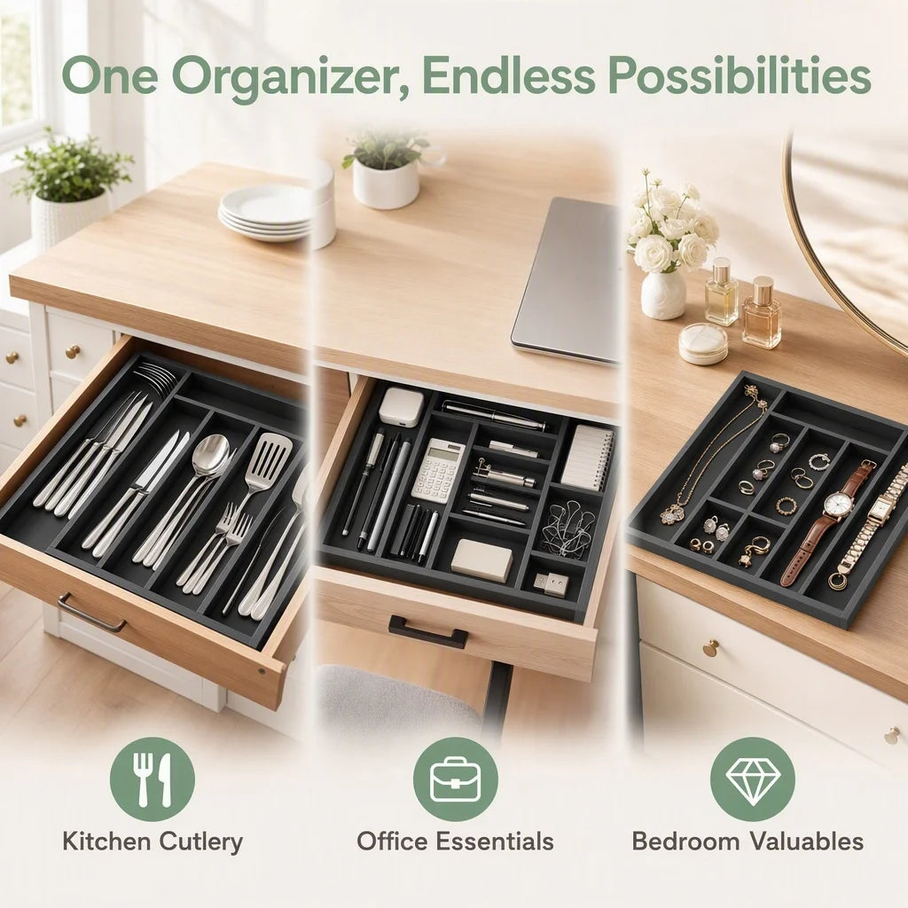Bamboo Expandable Drawer Organizer - Adjustable Cutlery and Utensil Tray
