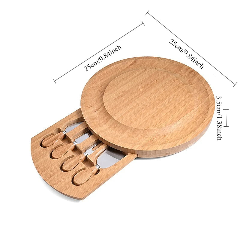 Round Bamboo Cheese Board Set with Slide-Out Drawer & 4 Knives