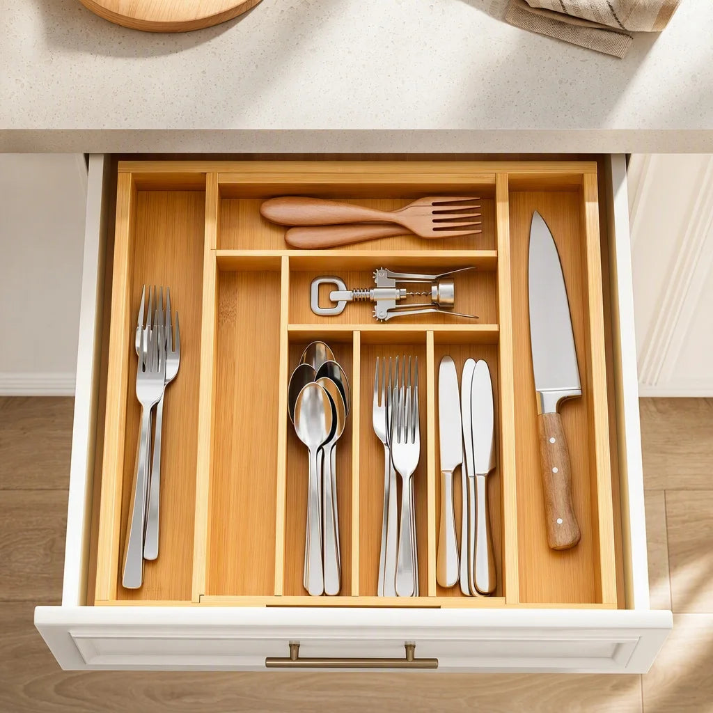 Bamboo Expandable Drawer Organizer - Adjustable Cutlery and Utensil Tray
