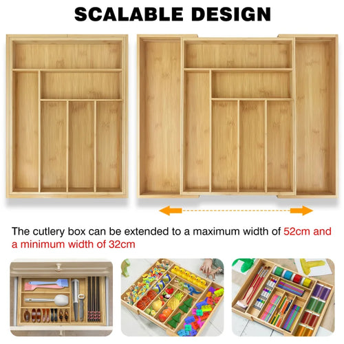 Expandable Bamboo Drawer Organizer - 8-Slot Adjustable Cutlery and Utensil Tray