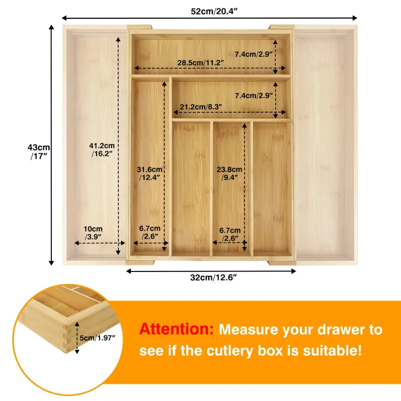 Expandable Bamboo Drawer Organizer - 8-Slot Adjustable Cutlery and Utensil Tray