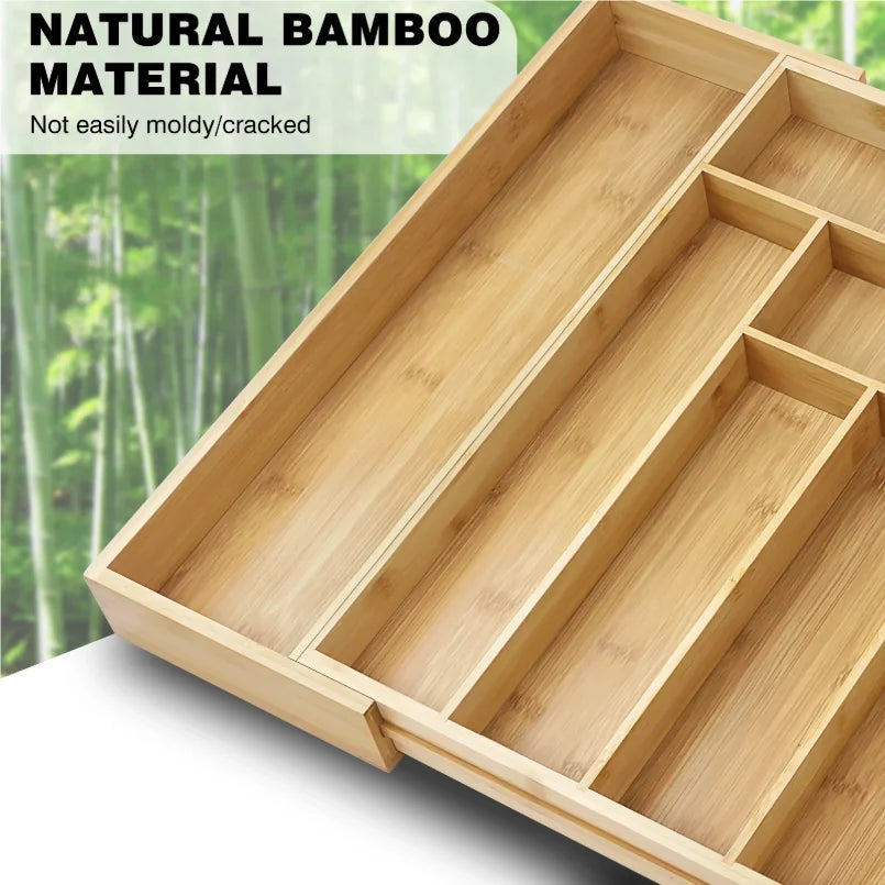 Expandable Bamboo Drawer Organizer - 8-Slot Adjustable Cutlery and Utensil Tray