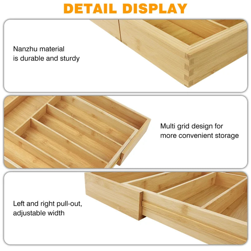 Expandable Bamboo Drawer Organizer - 8-Slot Adjustable Cutlery and Utensil Tray