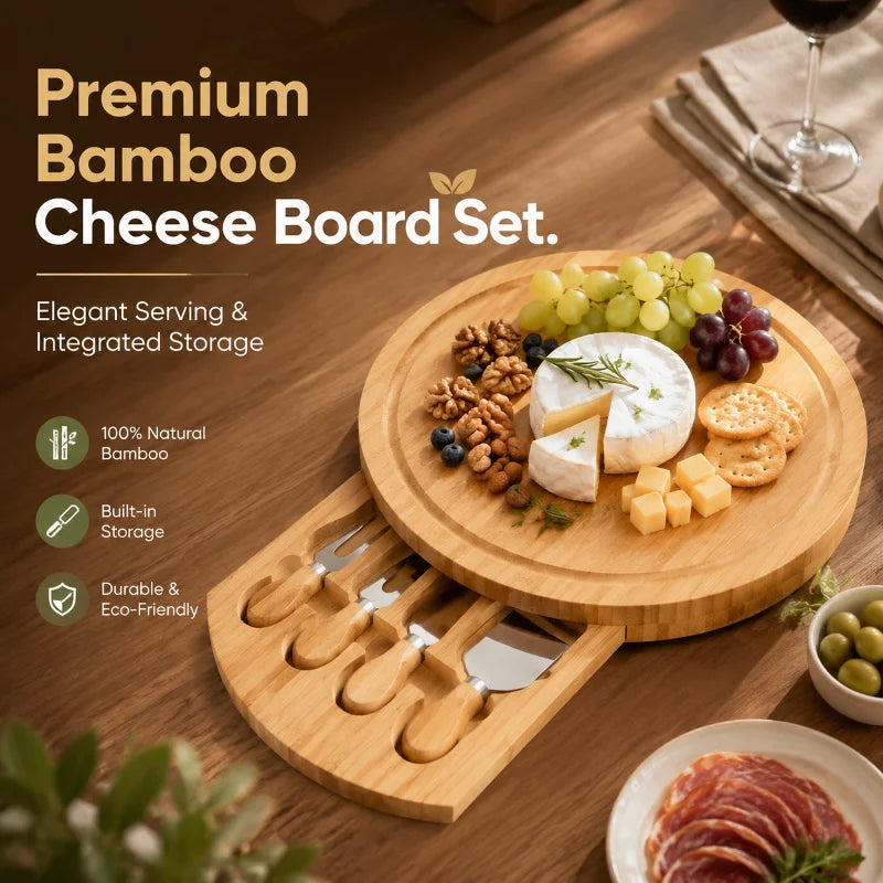 Round Bamboo Cheese Board Set with Slide-Out Drawer & 4 Knives