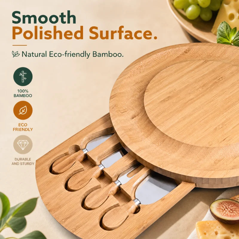 Round Bamboo Cheese Board Set with Slide-Out Drawer & 4 Knives