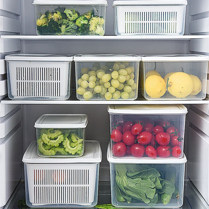Fridge Organizer with Drain Basket & Fresh Produce Storage