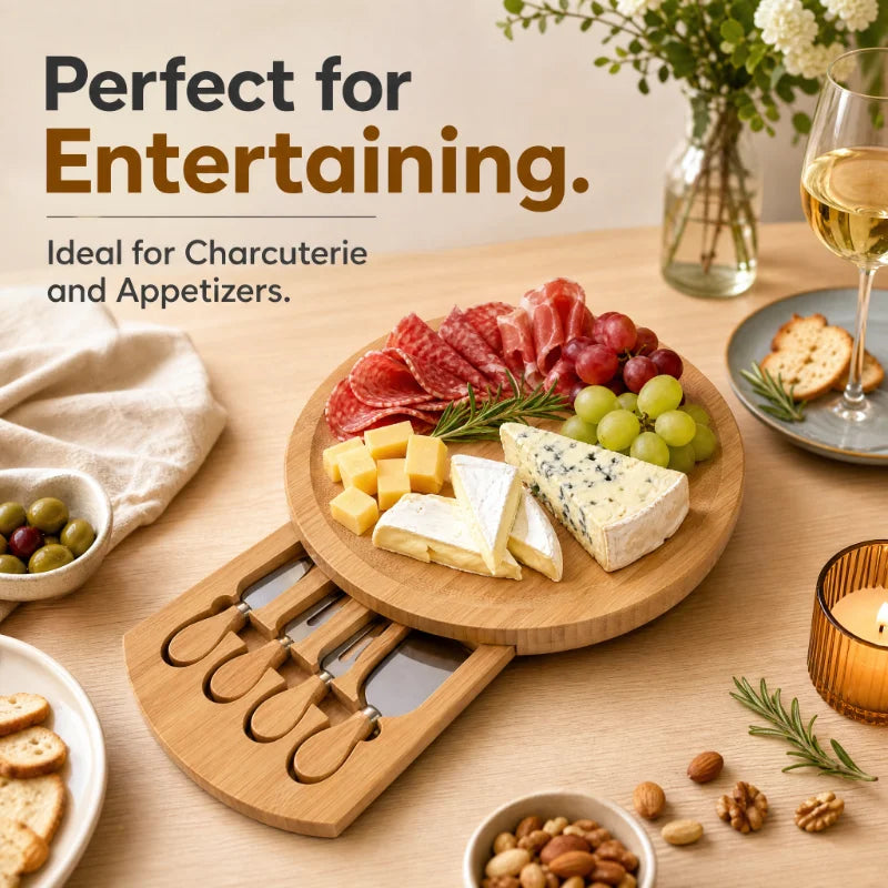 Round Bamboo Cheese Board Set with Slide-Out Drawer & 4 Knives