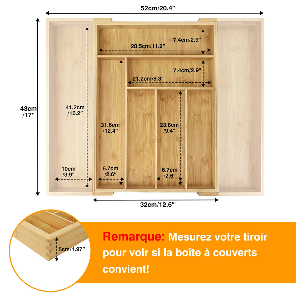 Expandable Bamboo Drawer Organizer - 8-Slot Adjustable Cutlery and Utensil Tray