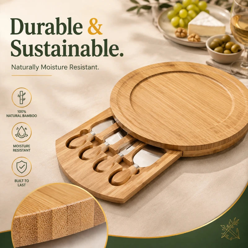 Round Bamboo Cheese Board Set with Slide-Out Drawer & 4 Knives