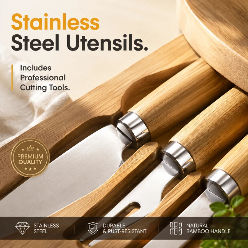 Round Bamboo Cheese Board Set with Slide-Out Drawer & 4 Knives