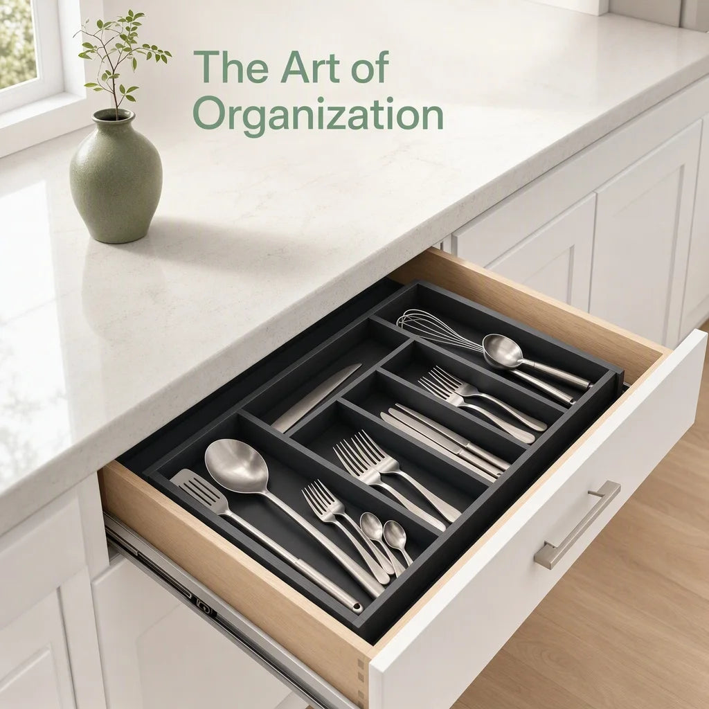 Bamboo Expandable Drawer Organizer - Adjustable Cutlery and Utensil Tray