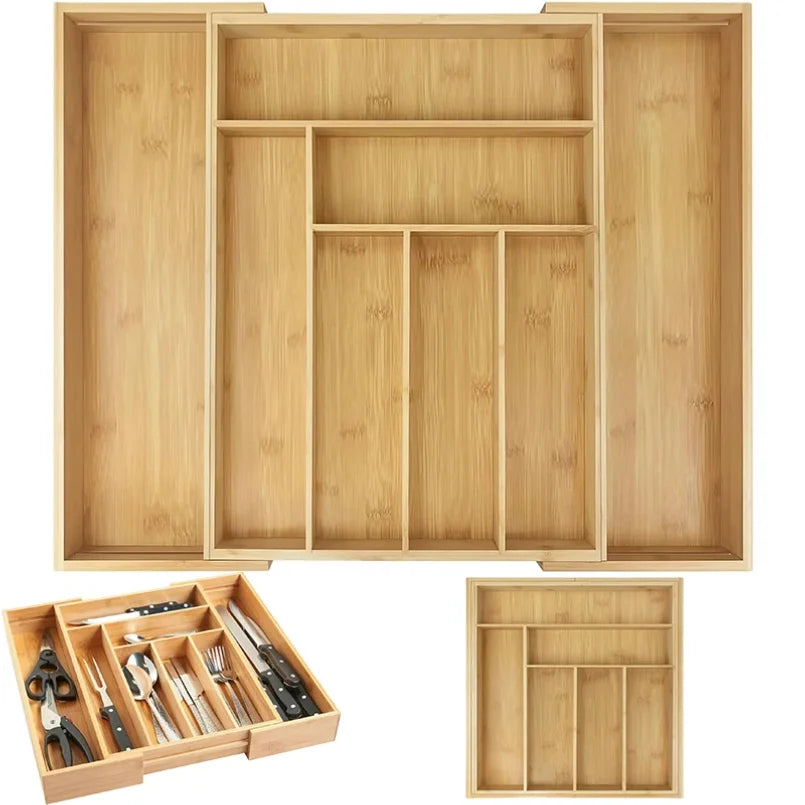 Expandable Bamboo Drawer Organizer - 8-Slot Adjustable Cutlery and Utensil Tray