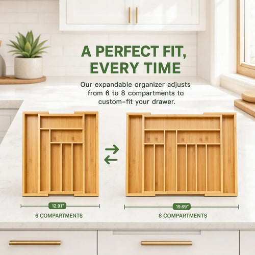 Bamboo Expandable Drawer Organizer - Adjustable Cutlery and Utensil Tray