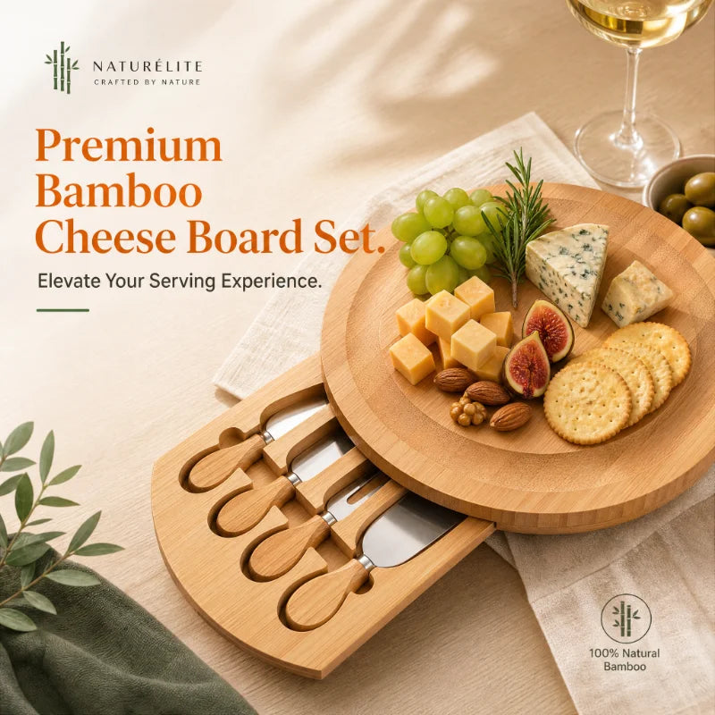Round Bamboo Cheese Board Set with Slide-Out Drawer & 4 Knives