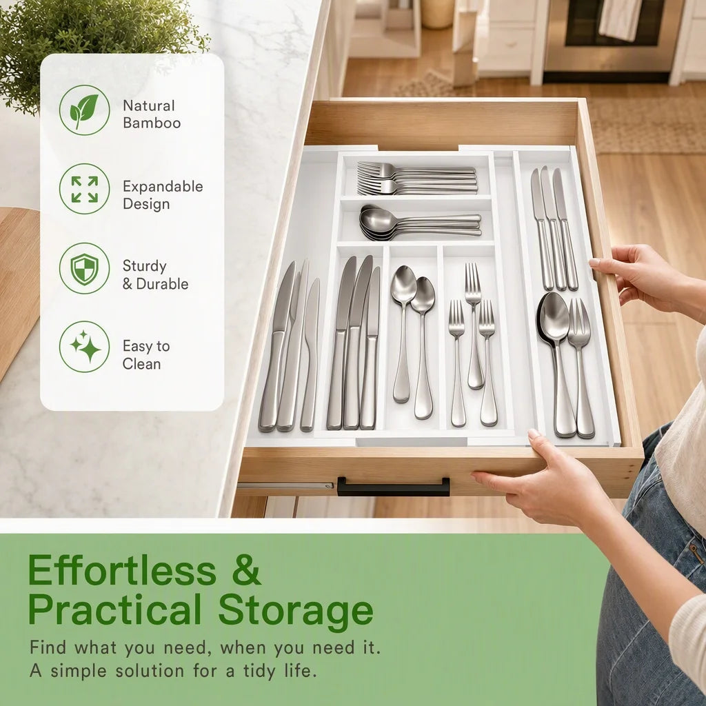 Bamboo Expandable Drawer Organizer - Adjustable Cutlery and Utensil Tray