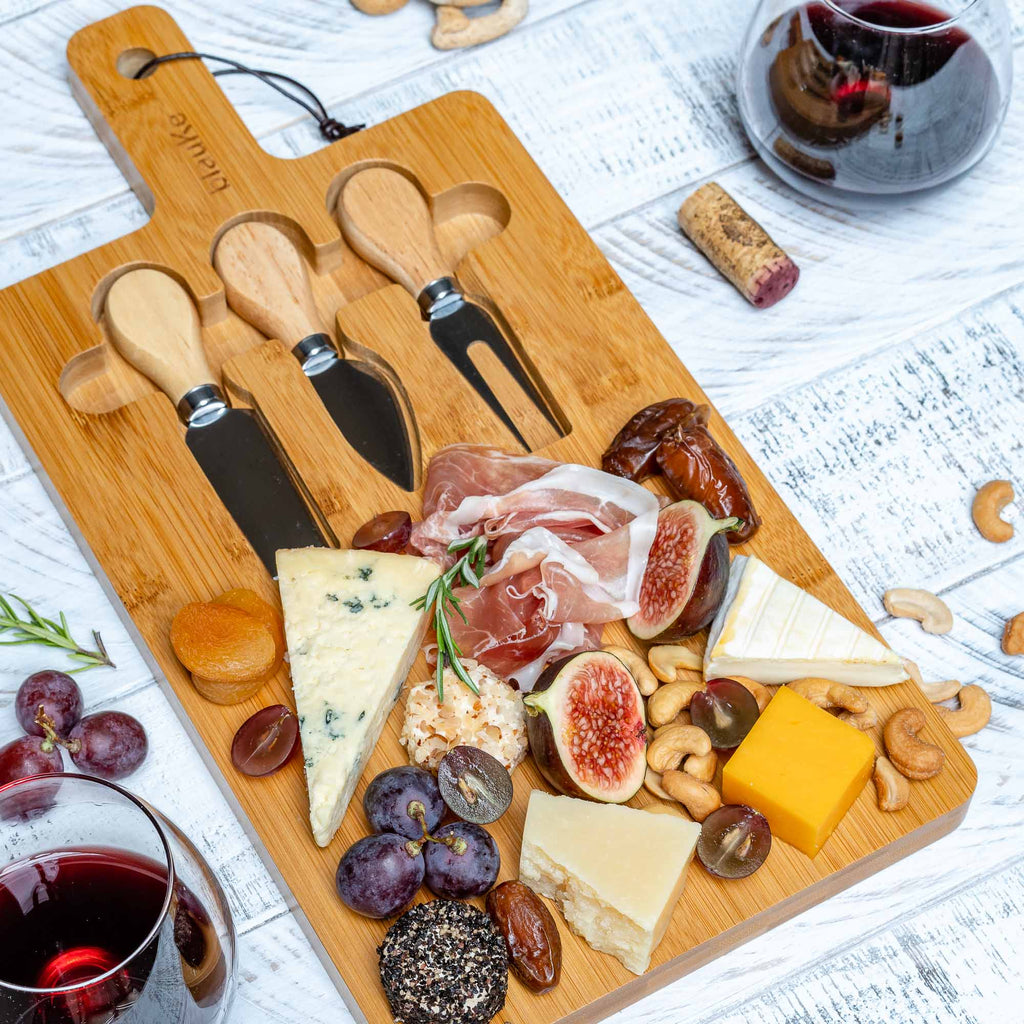 Bamboo Cheese Board Set with 3 Tools – For Two